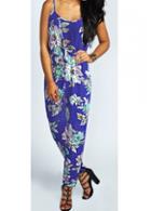 Rosewe Elastic Waist Flower Print Spaghetti Strap Jumpsuit