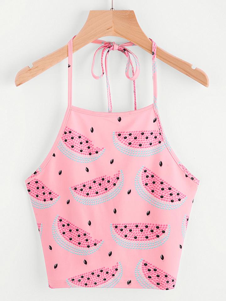 Shein Watermelon Print Crop Halter Top