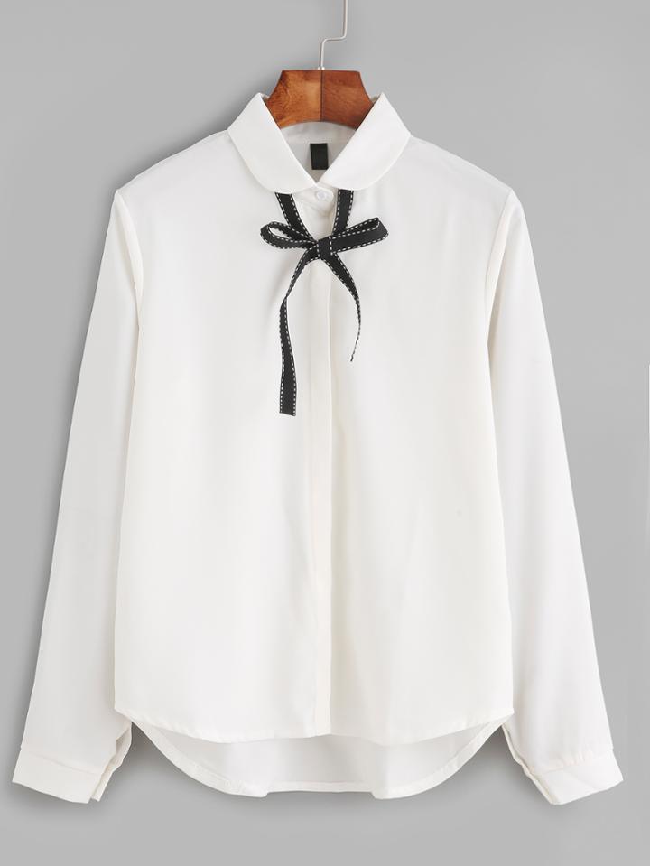 Shein White Bow Tie Neck High Low Shirt