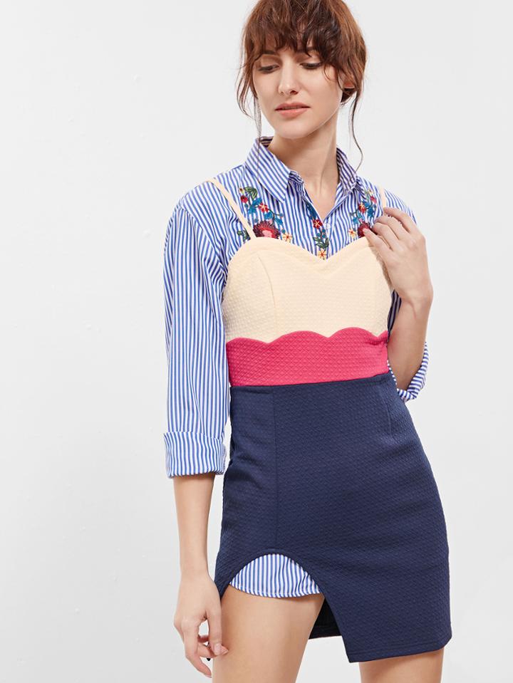 Shein Yellow Navy Slip Spaghetti Strap Color Block Dress