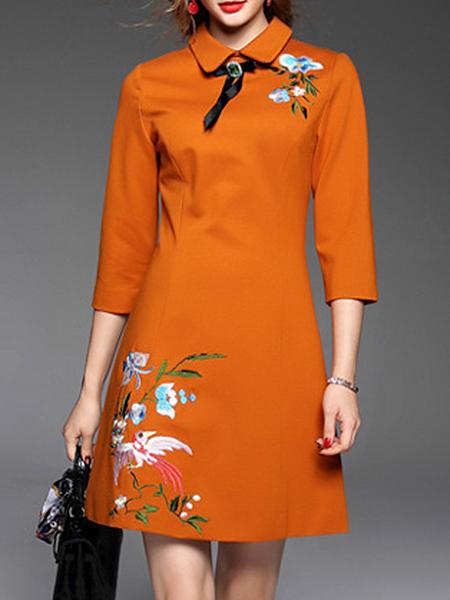 Shein Orange Lapel Bowtie Embroidered Shift Dress