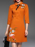 Shein Orange Lapel Bowtie Embroidered Shift Dress