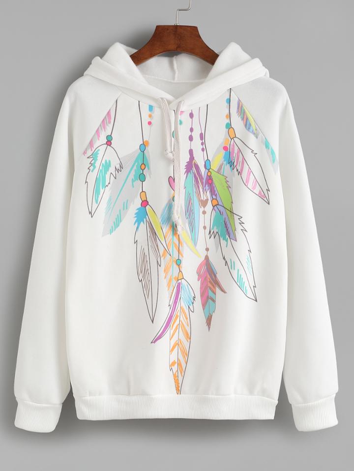 Shein White Feather Print Hooded Sweatshirt