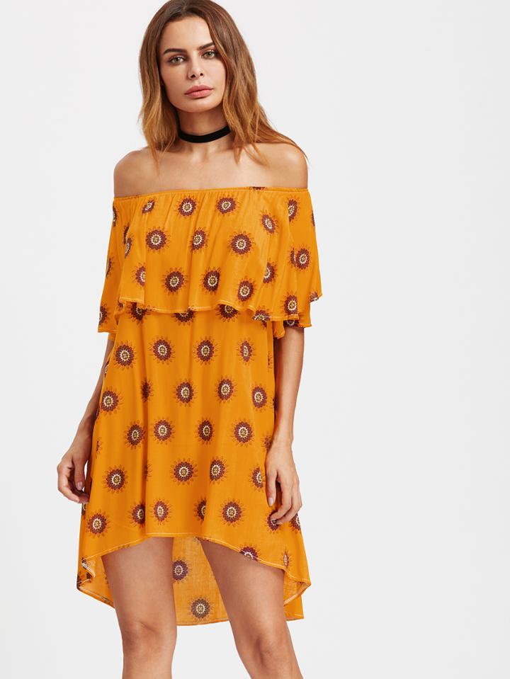 Shein Flounce Layered Neckline Flower Print Dip Hem Dress
