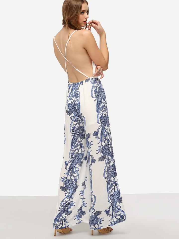Shein Crisscross Backless Paisley Print Wide-leg Jumpsuit - Blue