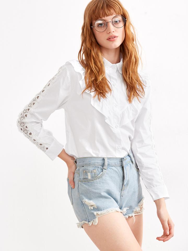 Shein White Lace Hollow Out Ruffle Shirt