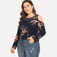 Shein Plus Contrast Lace Floral Print Blouse