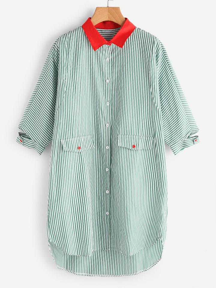 Shein Contrast Collar Ripped Detail Dip Hem Striped Shirt Dress