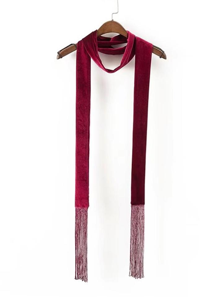 Shein Fringe Trim Velvet Skinny Scarf