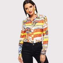 Shein Scarf Print Dip Hem Blouse