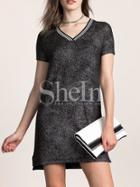 Shein Black Short Sleeve V Neck Glitter Dress