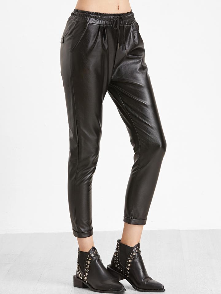 Shein Black Faux Leather Drawstring Waist Ankle Pants