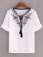Shein Embroidered Tassel Tie-neck Ruffled Sleeve Top - White