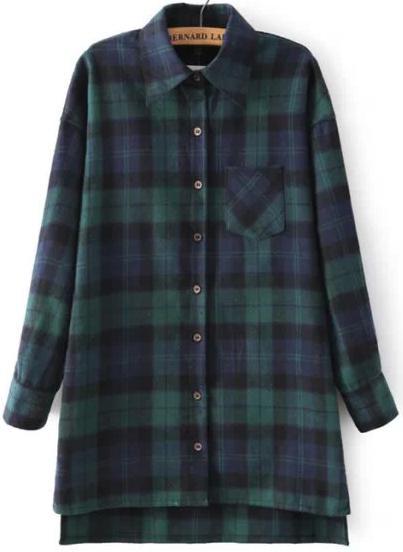 Shein Green Blue Long Sleeve Plaid Loose Blouse