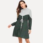 Shein Quarter Zip Drawstring Waist Plaid Dress