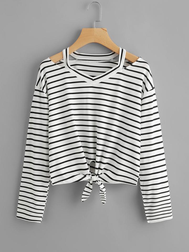 Shein Ripped Neck Knotted Hem Striped Tee