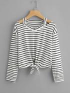 Shein Ripped Neck Knotted Hem Striped Tee