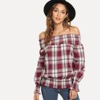 Shein Off Shoulder Lettuce Trim Plaid Blouse
