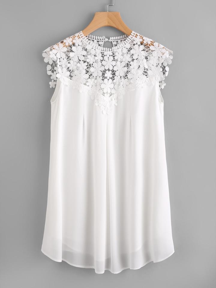 Shein Buttoned Keyhole Lace Illusion Neck Dress