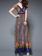 Shein Multicolor V Neck Cap Sleeve Backless Leopard Print Maxi Dress