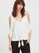 Shein White Open Shoulder V Neck Knot Front Blouse