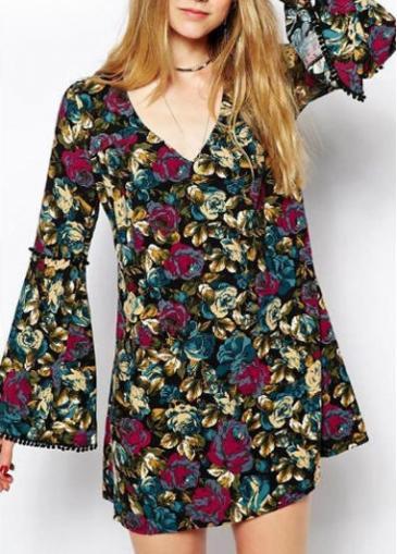 Rosewe Retro V Neck Print Design Cutout Pattern Mini Dress