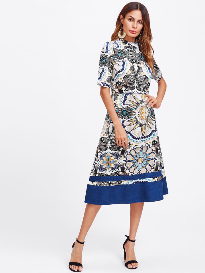 Shein Allover Printed Random Contrast Hem Dress