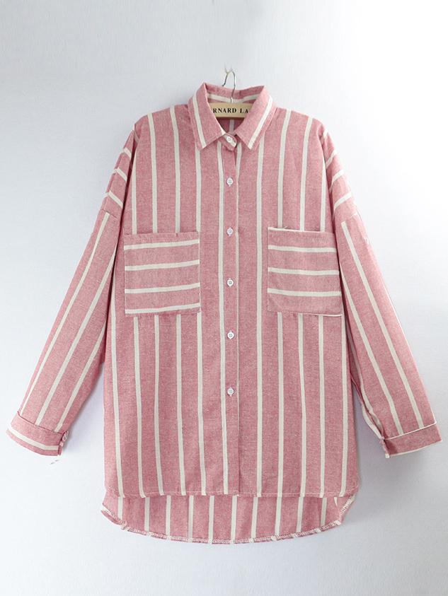 Shein Lapel Dip Hem Striped Red Blouse