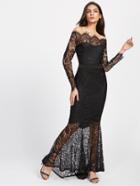 Shein Off The Shoulder Eyelash Lace Overlay Fishtail Hem Dress
