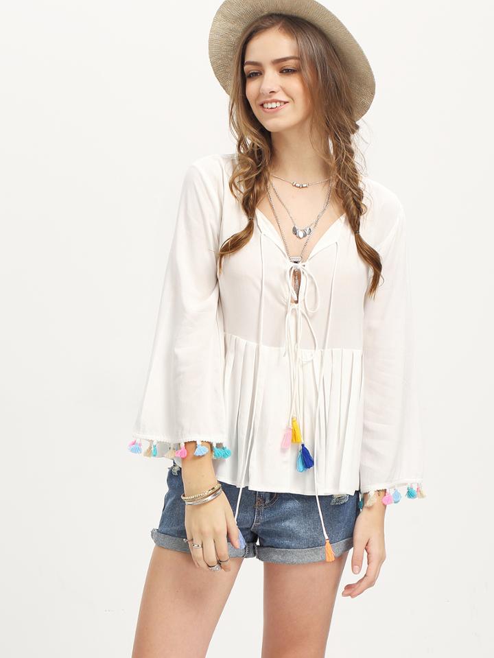 Shein White Long Sleeve Pom Pom Trim Pleated Blouse