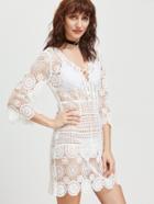 Shein White Lace Up Plunge Neck Hollow Out Embroidered Lace Dress