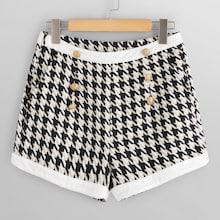 Shein Solid Trim Double Breasted Houndstooth Tweed Shorts