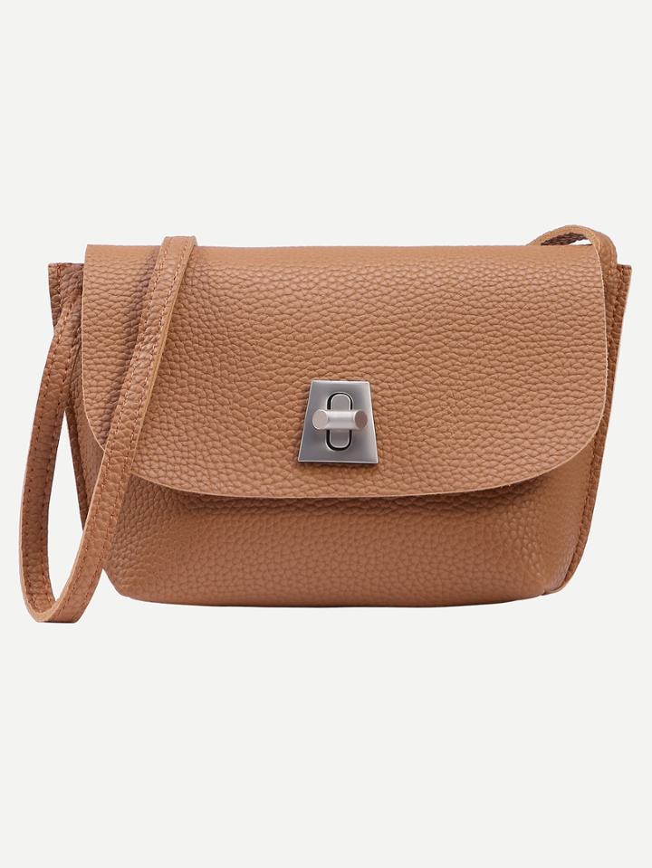 Shein Brown Pebbled Faux Leather Turnlock Flap Bag