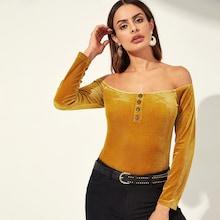 Shein Off Shoulder Button Velvet Tee