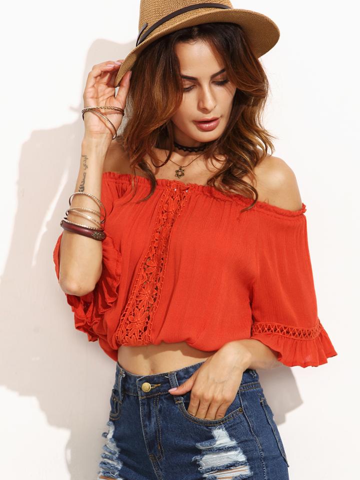 Shein Orange Off The Shoulder Crochet Insert Ruffle Blouse