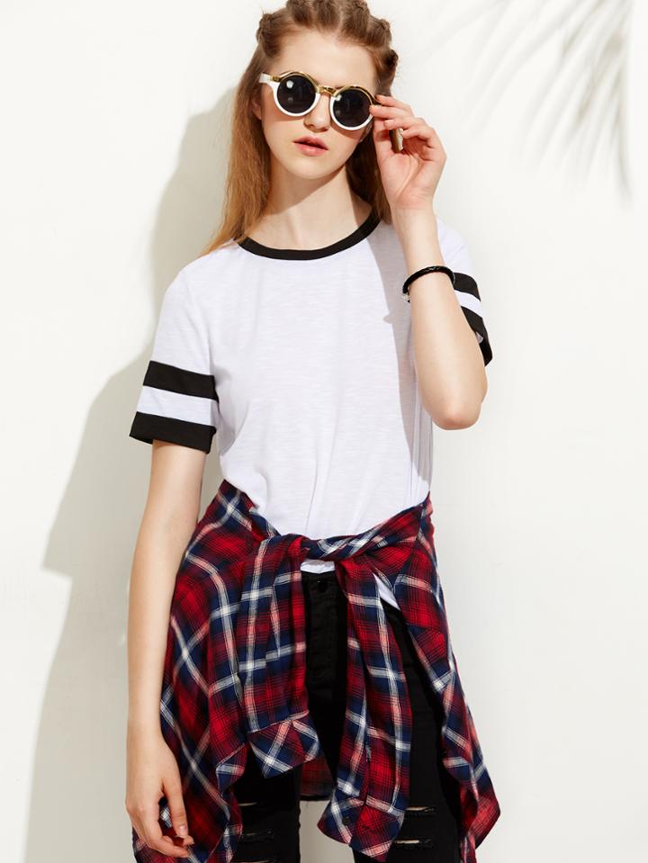 Shein White Striped Cuff Short Sleeve T-shirt