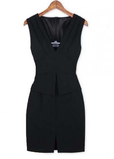 Rosewe Hot Sale V Neck Sleeveless Perplum Dress Black
