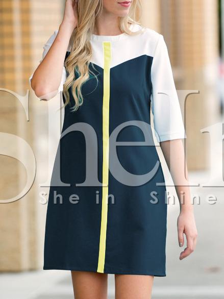 Shein White Blue Round Neck Color Block Dress