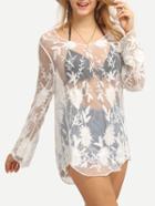 Shein Flower Embroidered Cover-up Mesh Blouse