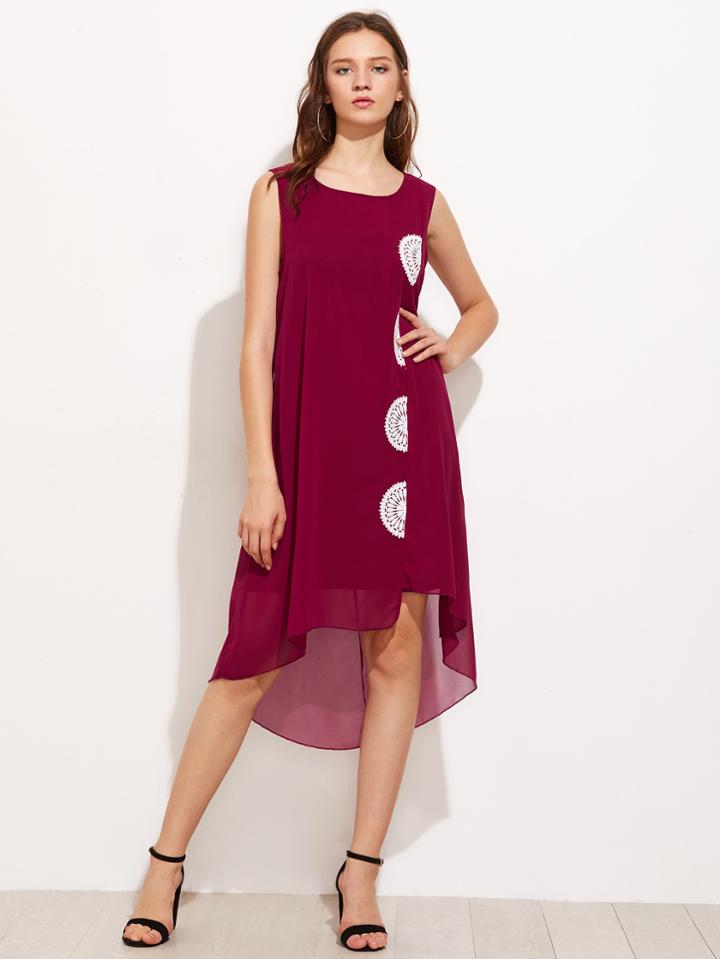 Shein Contrast Crochet Appliques Dip Hem Chiffon Dress