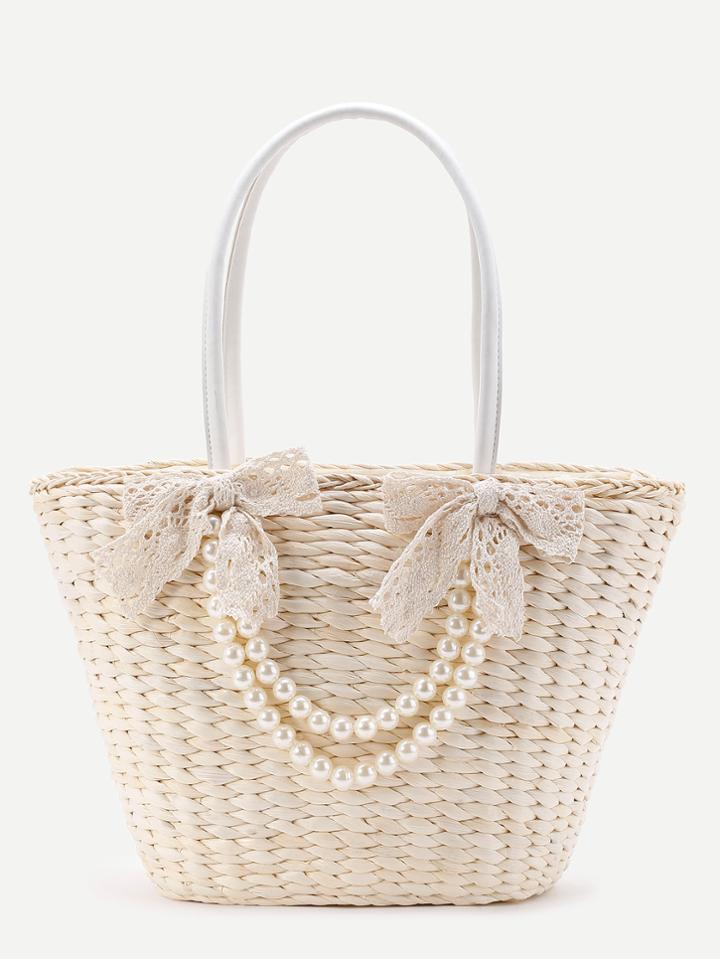 Shein Faux Pearl Straw Tote Bag With Bow