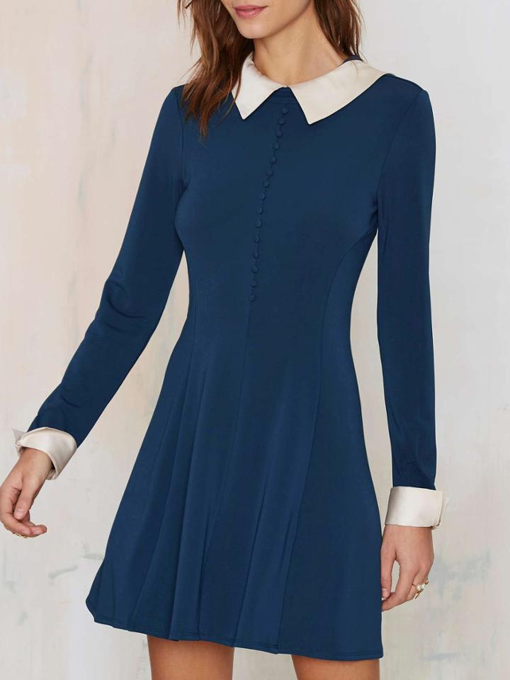 Shein Blue Long Sleeve Contrast White Collar Dress