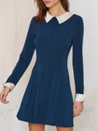 Shein Blue Long Sleeve Contrast White Collar Dress