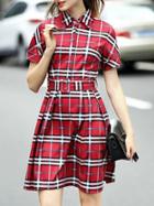 Shein Red Lapel Short Sleeve Check Print Drawstring Dress