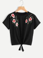 Shein Flower Embroidered Knot Front Tee
