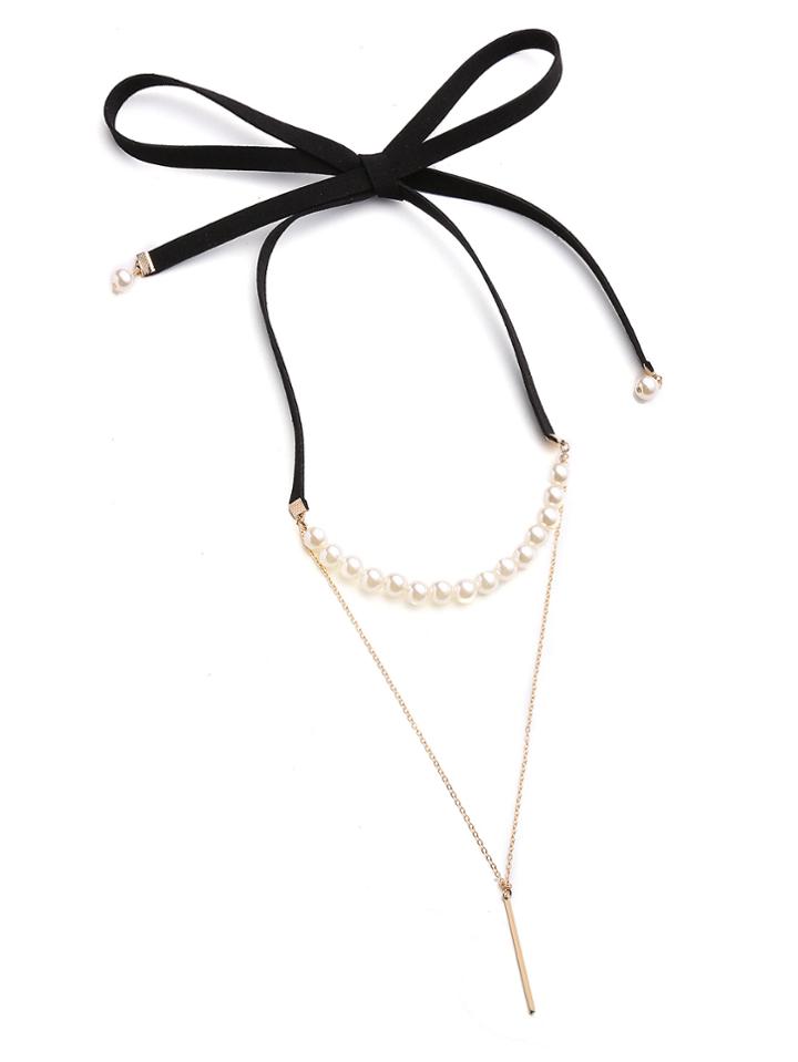Shein Faux Pearl And Velvet Design Bar Pendant Necklace