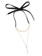 Shein Faux Pearl And Velvet Design Bar Pendant Necklace