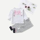 Shein Toddler Girls Cat Patched Tee With Striped Pants