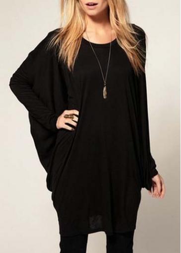 Rosewe Loose Round Neck Black Long Dolman Sleeve T Shirts