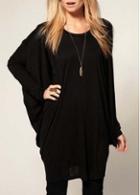 Rosewe Loose Round Neck Black Long Dolman Sleeve T Shirts